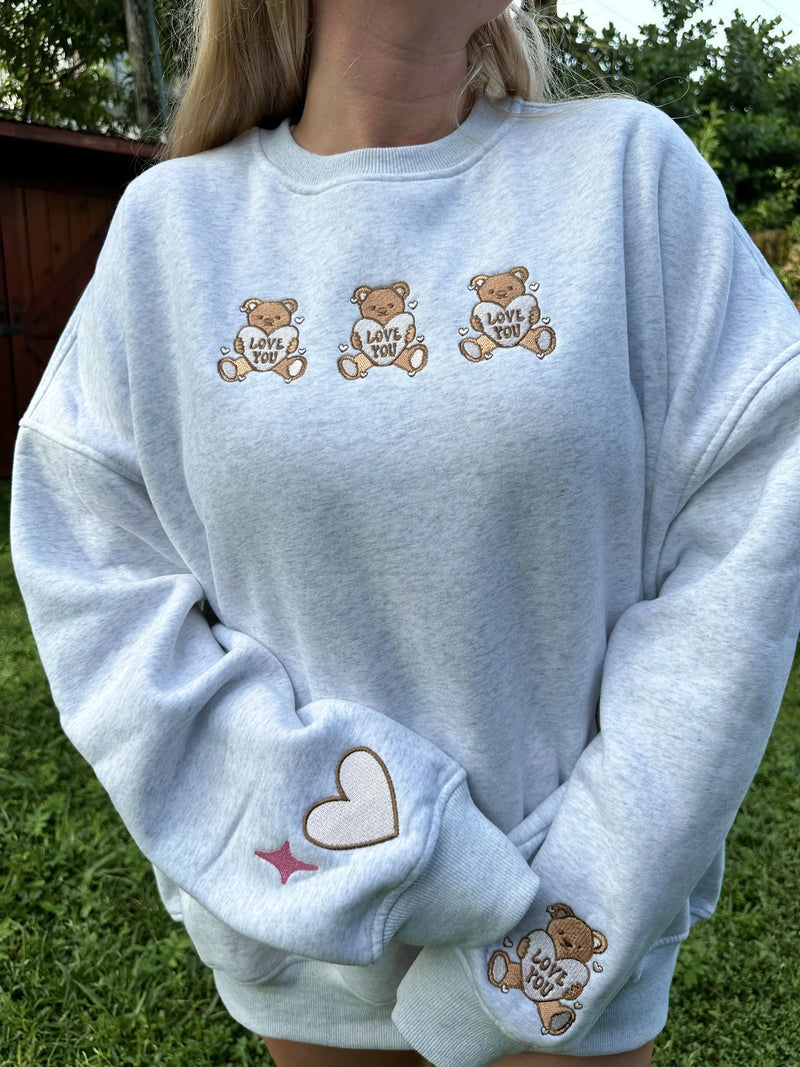 Pearl Grey Teddy Bear Embroider Sweatshirt