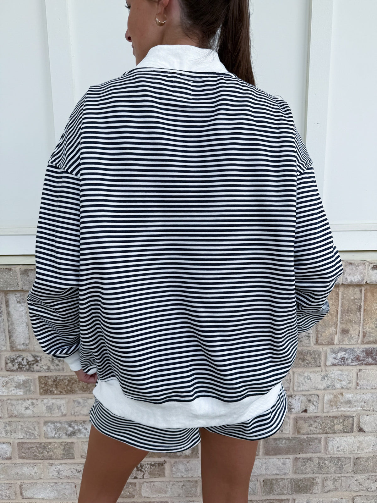 Dark Navy Blue and White Big Striped Mockneck Sweatshirt