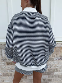 Dark Navy Blue and White Big Striped Mockneck Sweatshirt