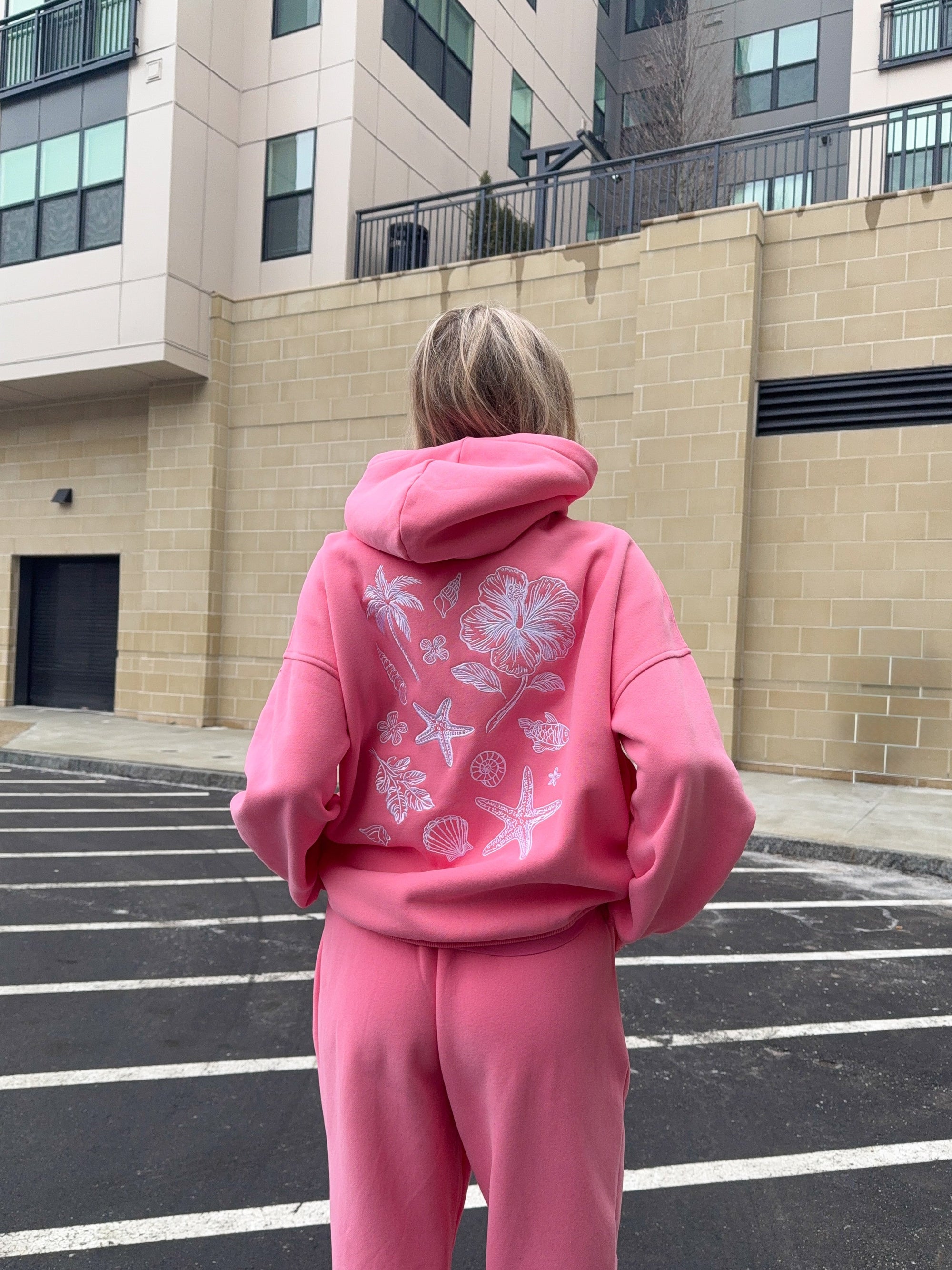 Hibiscus Pink Tropical Embroider Hoodie