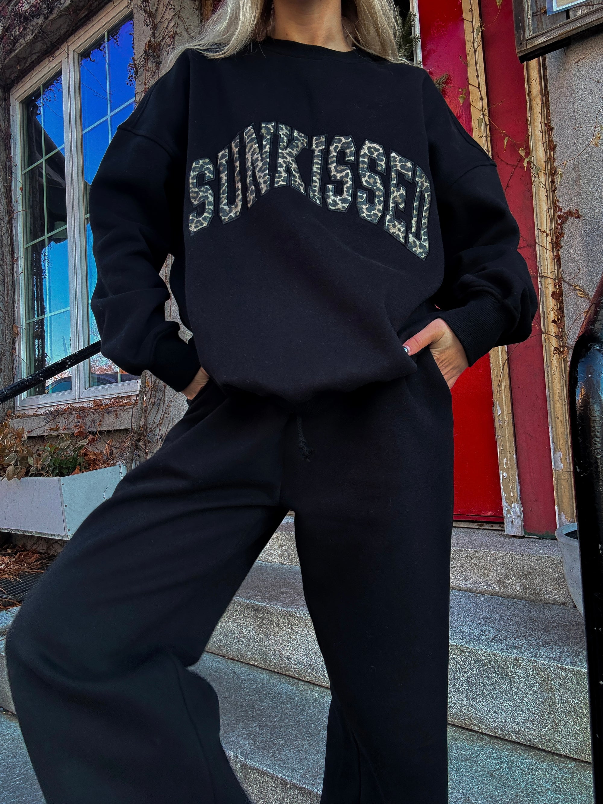 Black Sunkissed Leopard Print Embroider Sweatshirt