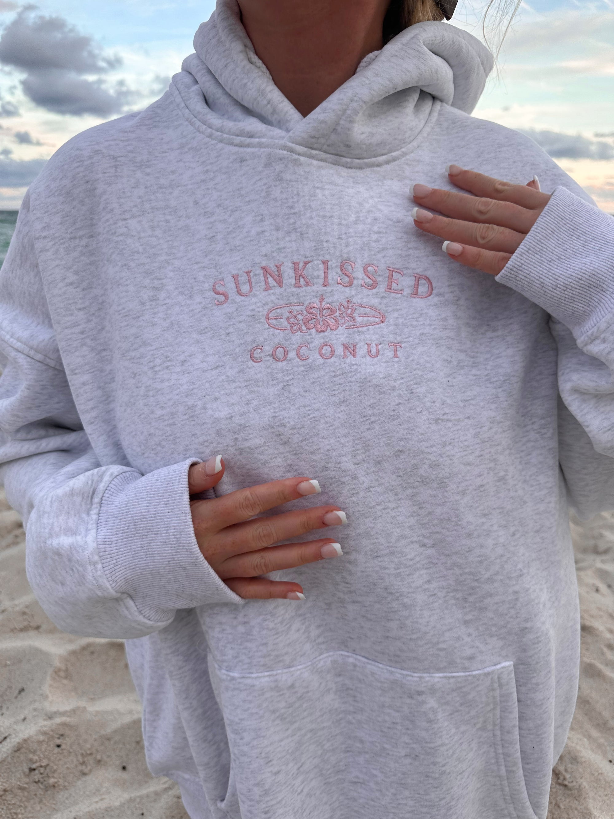 Pearl Grey and Pink Thread Sunkissedcoconut Logo Embroider Hoodie