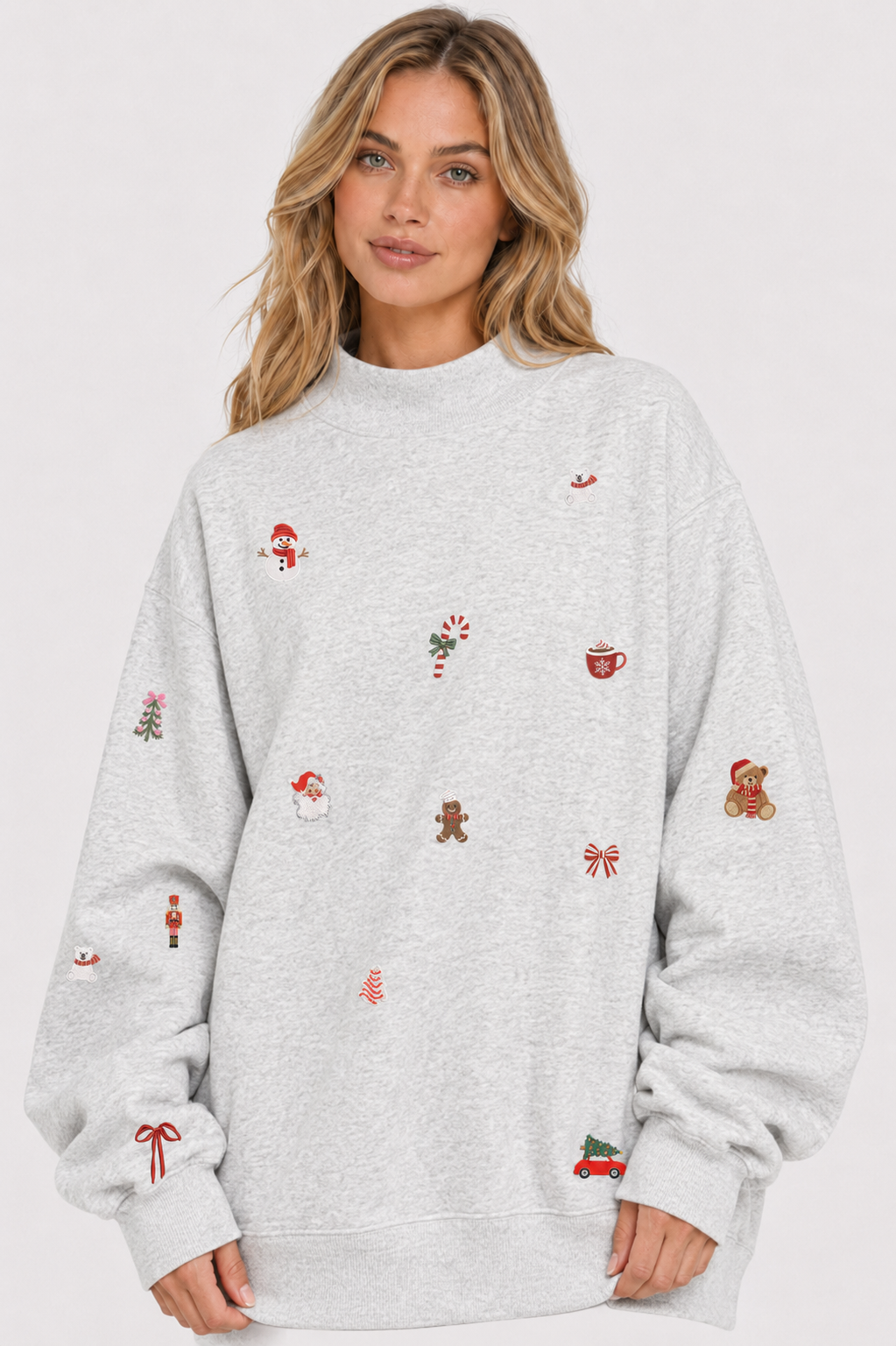 Christmas Symbols Embroidered Mockneck Sweatshirt