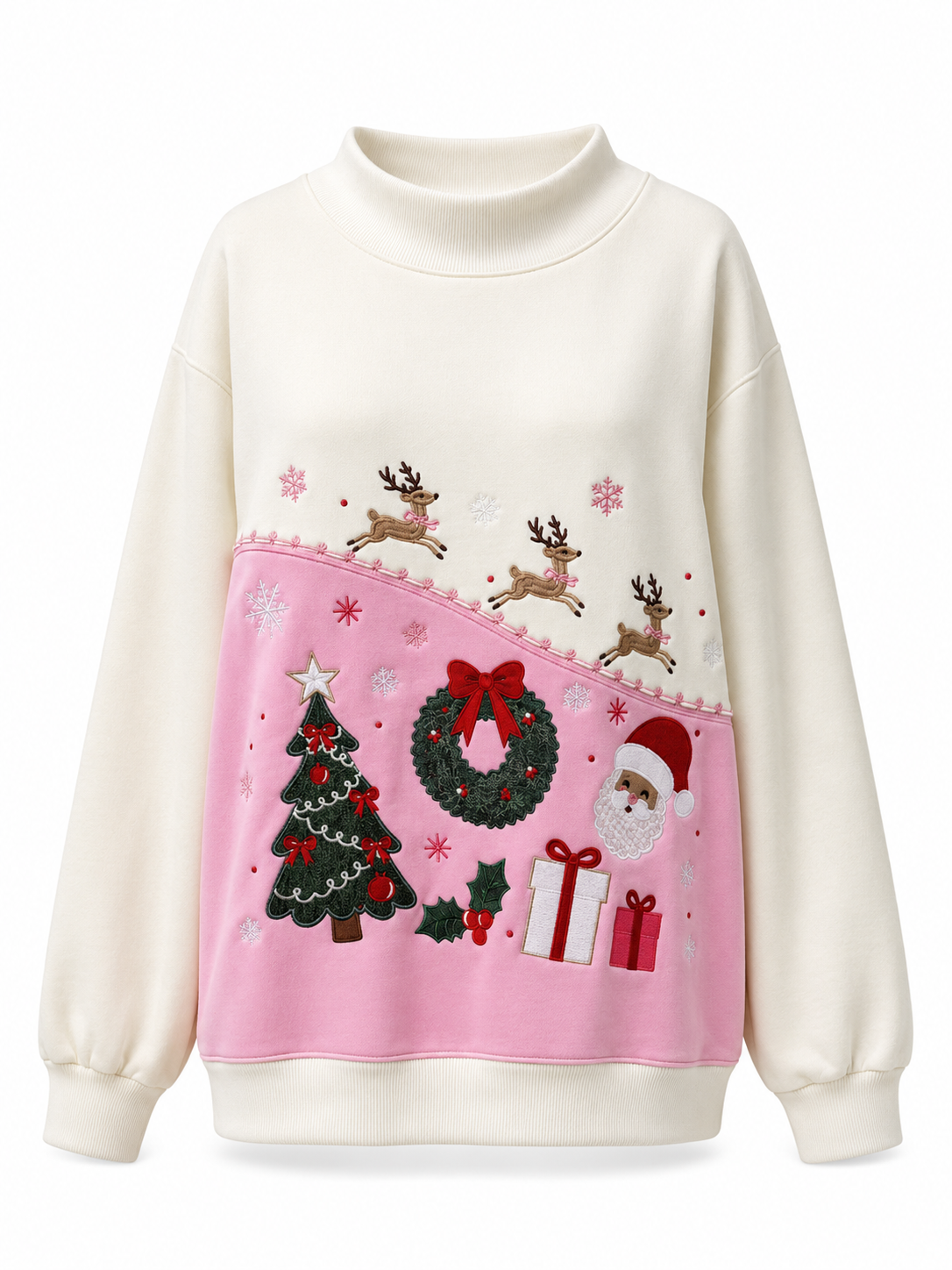 Reindeer Christmas Holiday Season Embroidered Mockneck Sweatshirt