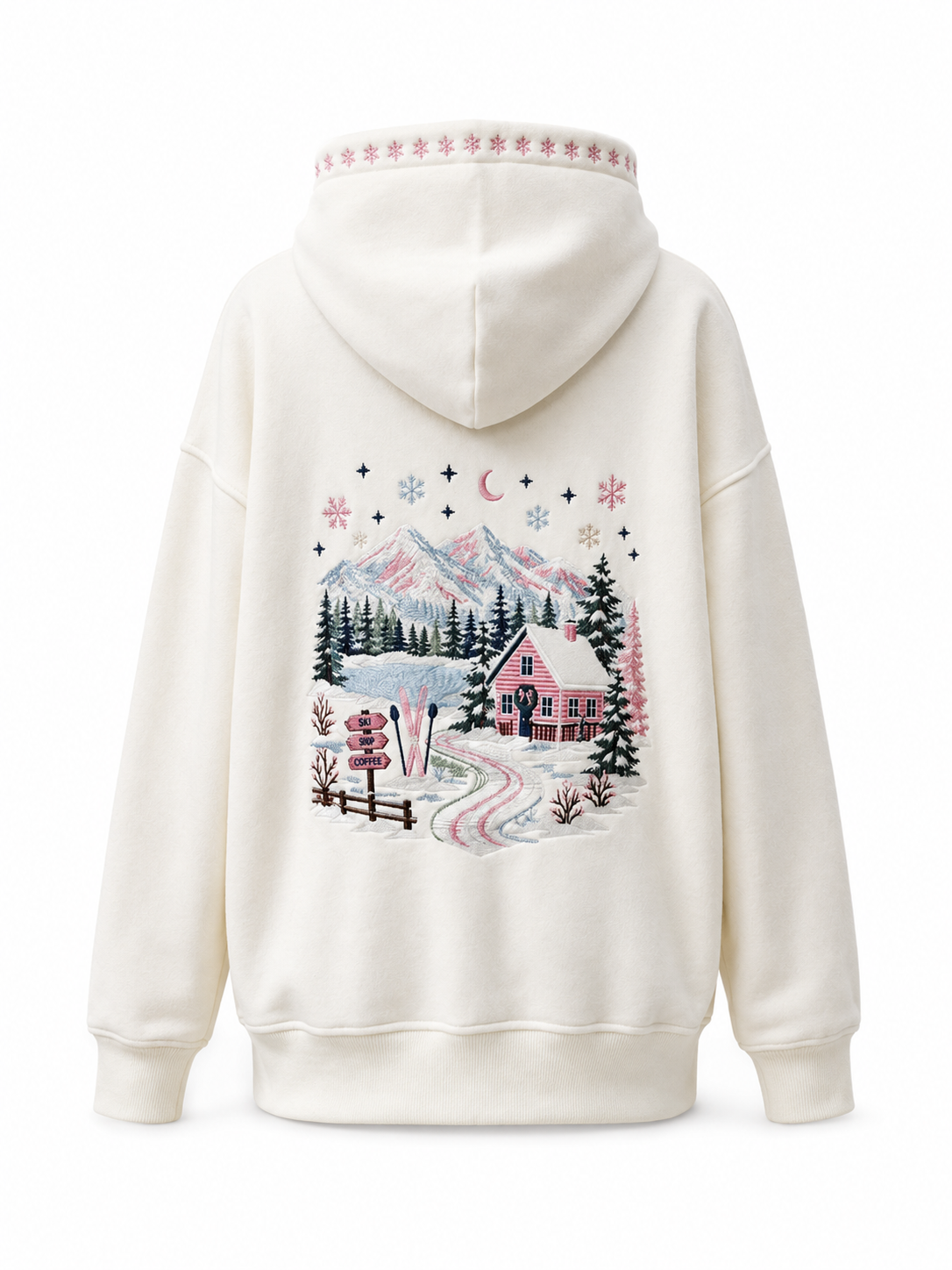Ivory Pink Ski Lodge Mountain Cabin Embroidered Hoodie