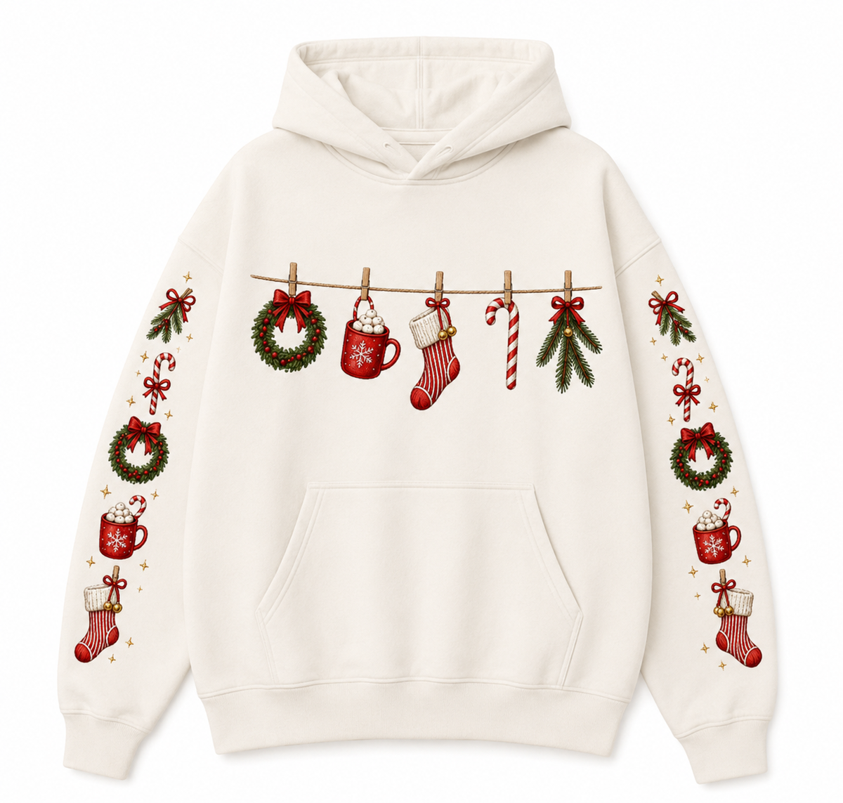 Whimsical Christmas Holiday Clothesline Embroidered Hoodie