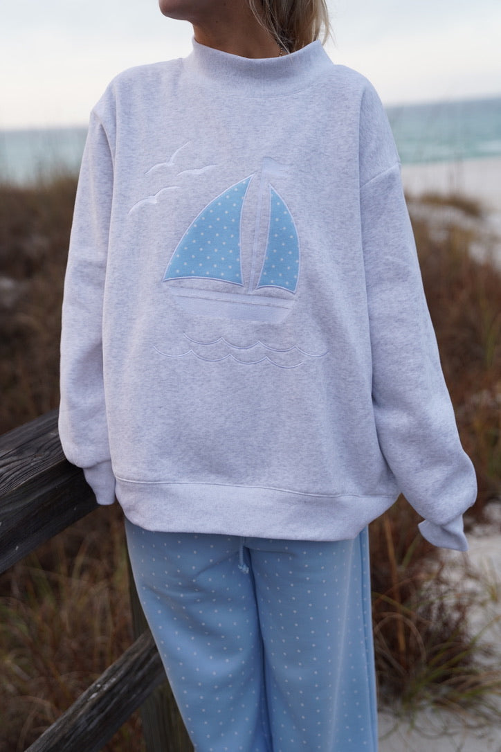 Polka Dot Sailboat Embroider Mockneck Sweatshirt