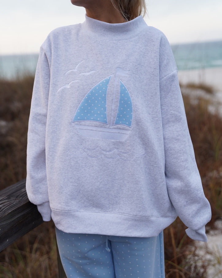 Polka Dot Sailboat Embroider Mockneck Sweatshirt