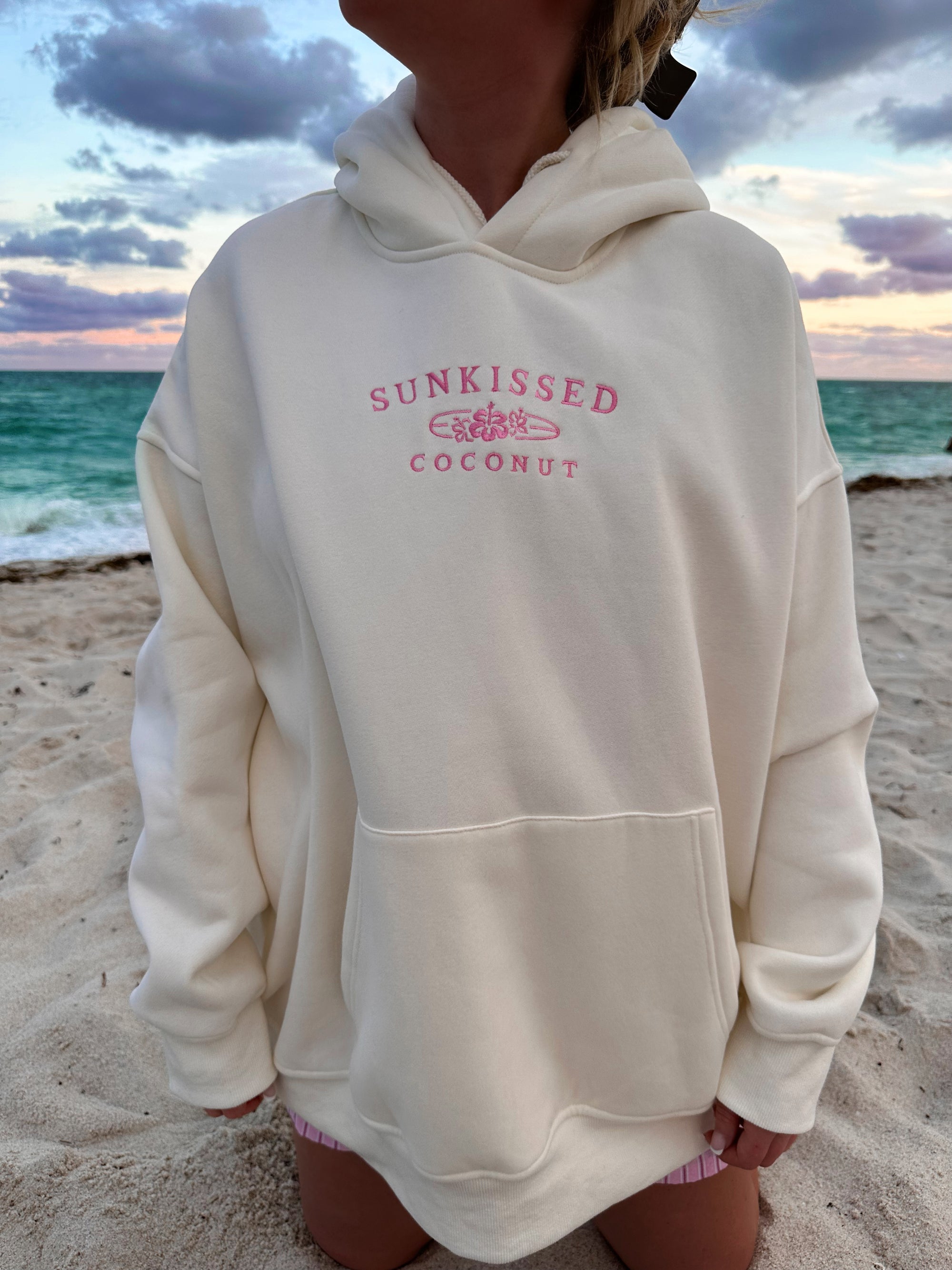 Ivory and Hibiscus Pink Sunkissedcoconut Logo Embroider Hoodie