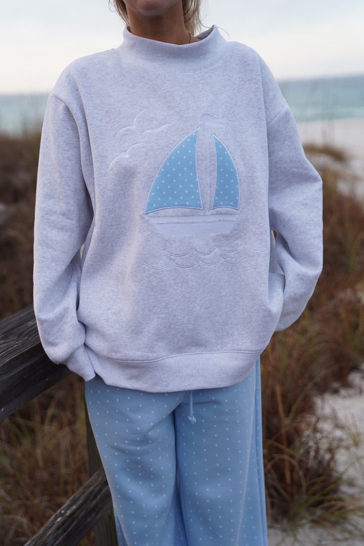 Polka Dot Sailboat Embroider Mockneck Sweatshirt