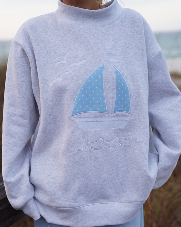 Polka Dot Sailboat Embroider Mockneck Sweatshirt