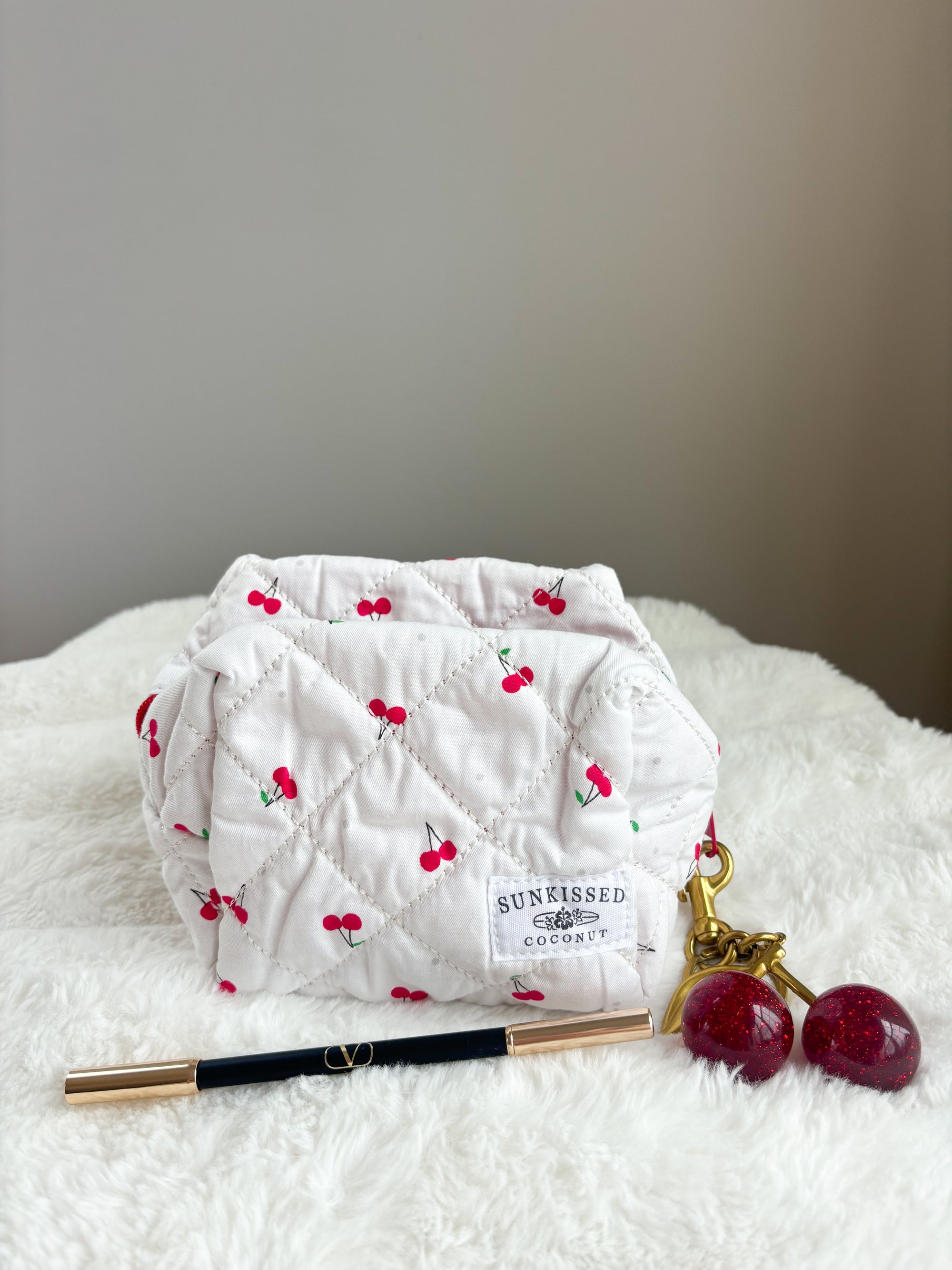 Small Cherry Quilted Handmade Makeup Bag