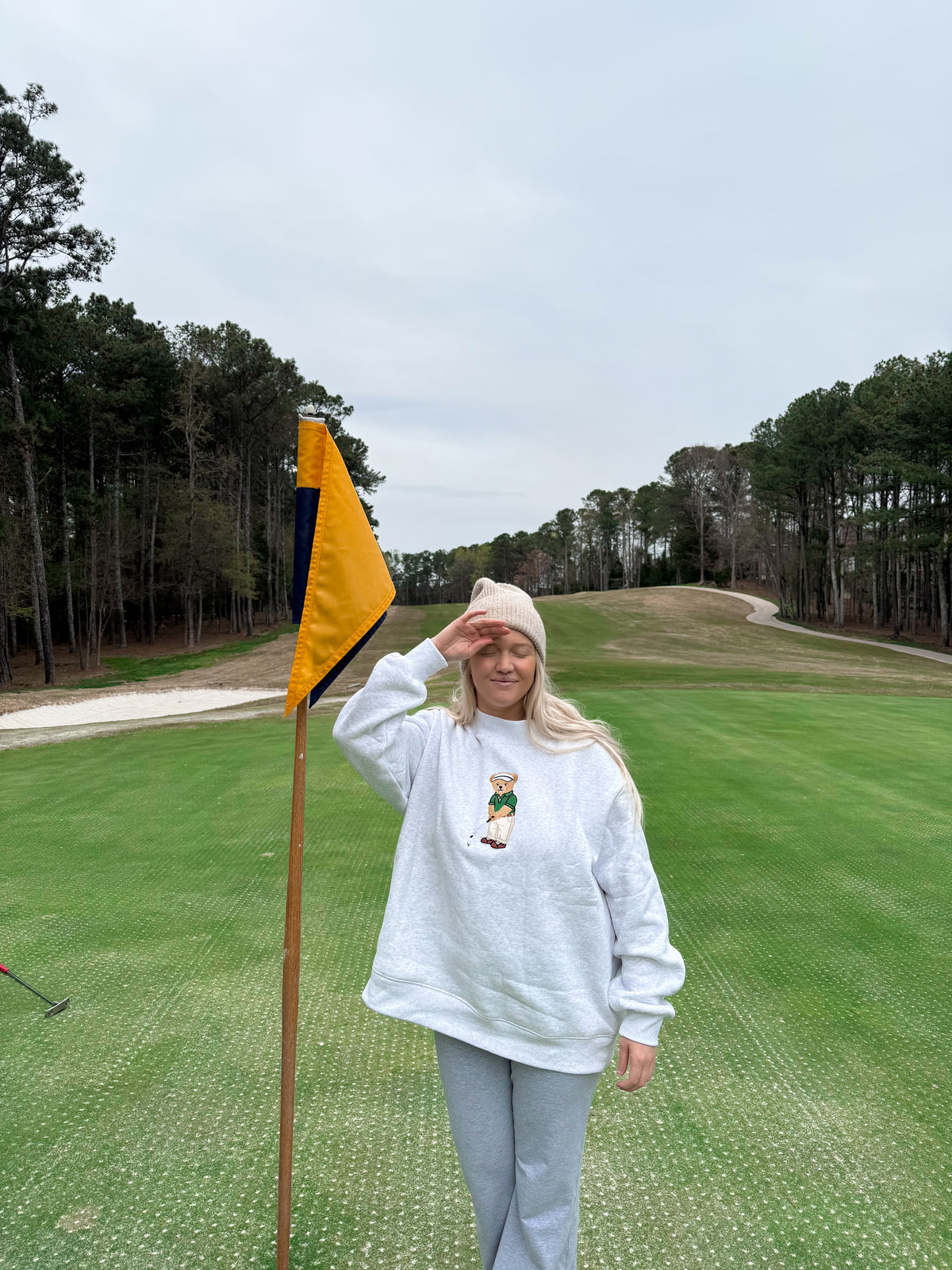 Pearl Grey Classic Teddy Bear Golf Embroider Mockneck Sweatshirt