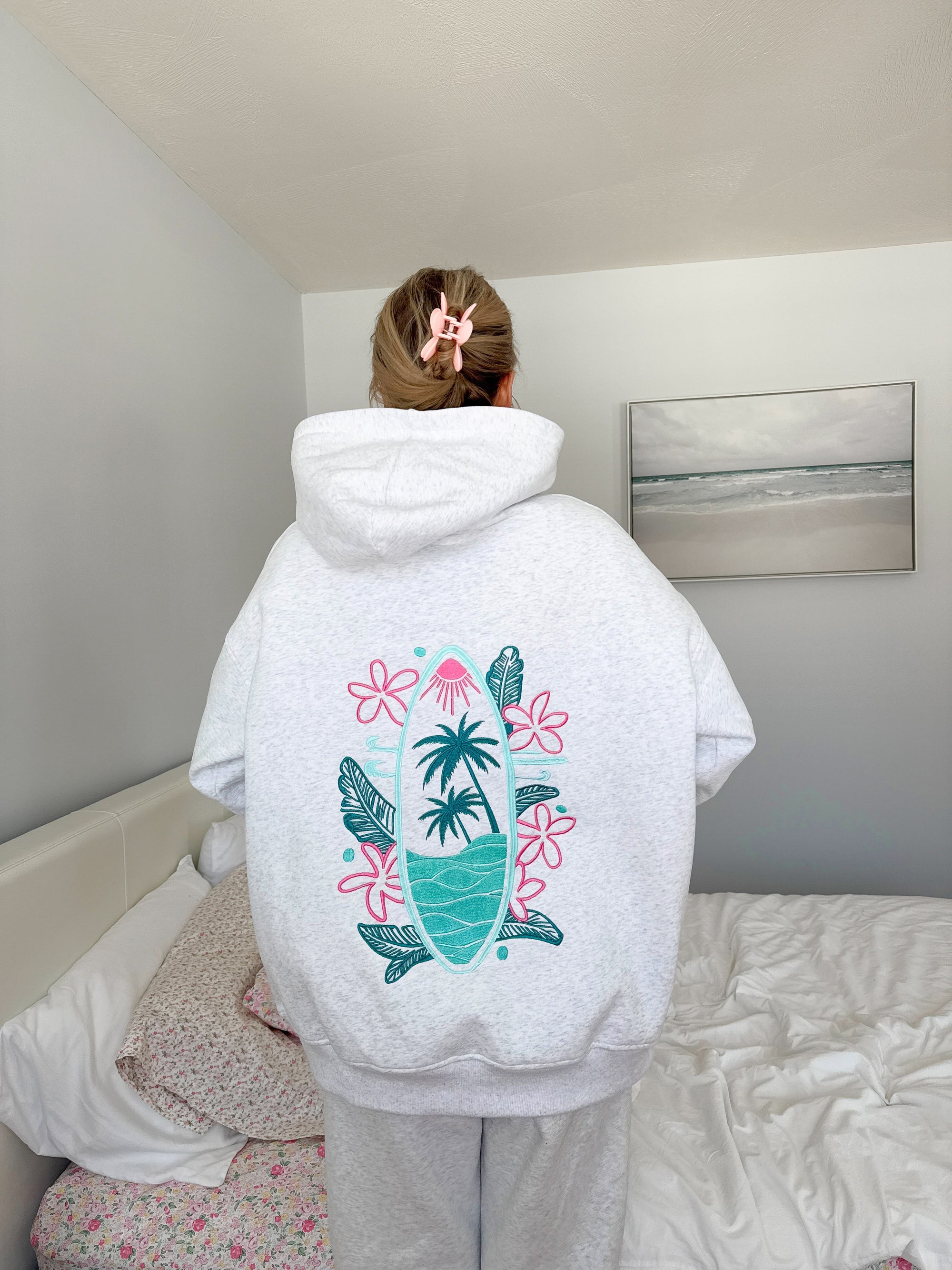 Pearl Grey Surfing The Waves Embroider Hoodie