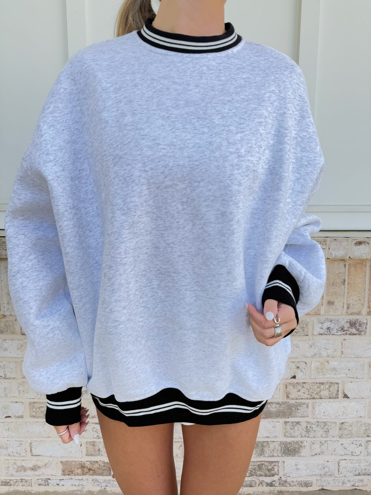 Blank Pearl Grey And Black Preppy Crew Sweatshirt