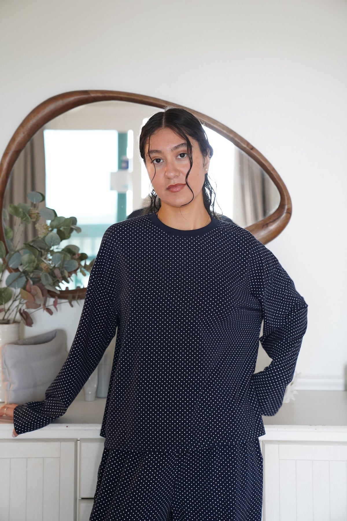 Navy Blue Polka Dot Loungewear Long Sleeve Top