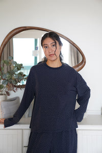 Navy Blue Polka Dot Loungewear Long Sleeve Top