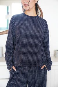 Navy Blue Polka Dot Loungewear Long Sleeve Top