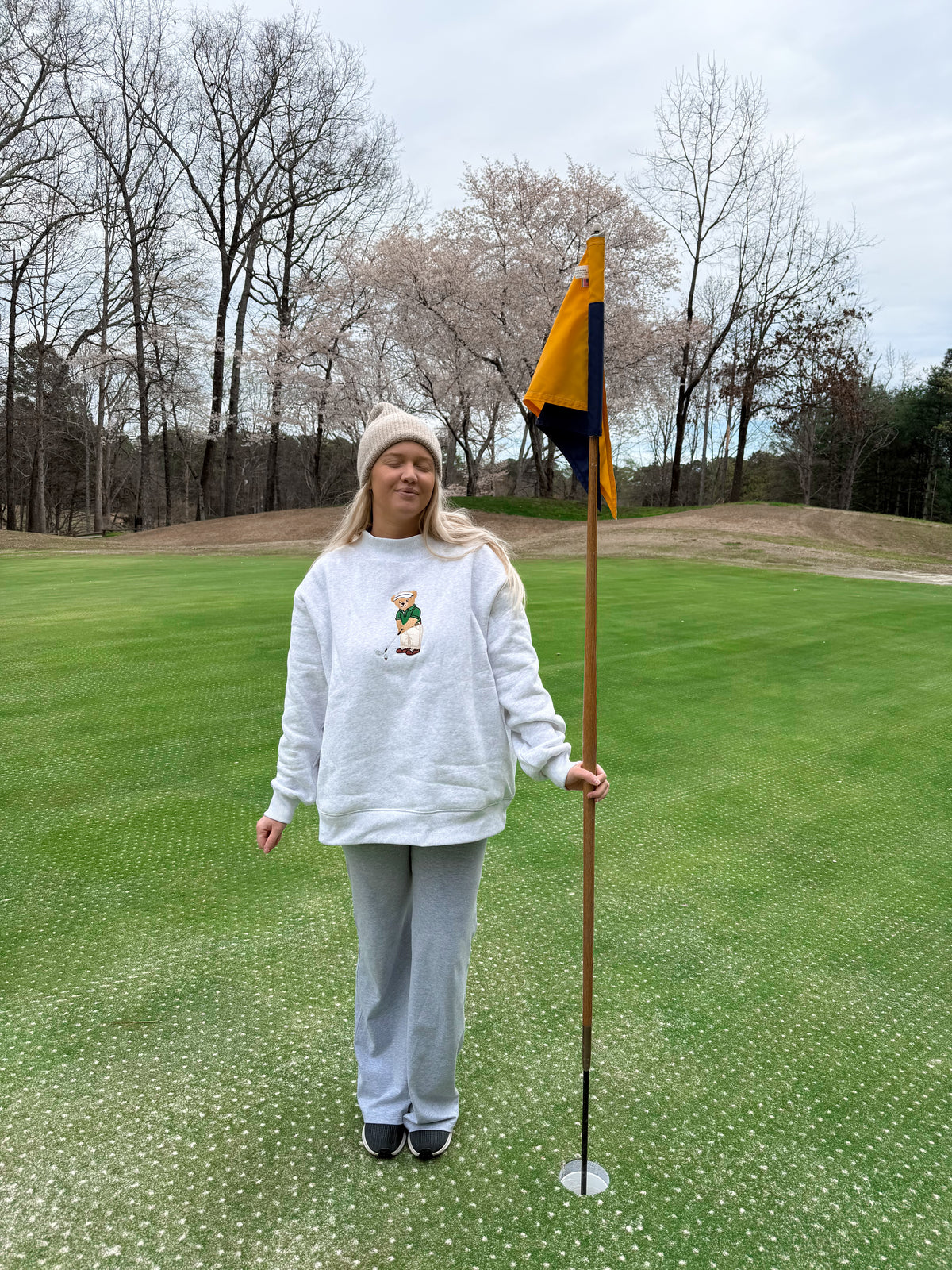 Pearl Grey Classic Teddy Bear Golf Embroider Mockneck Sweatshirt