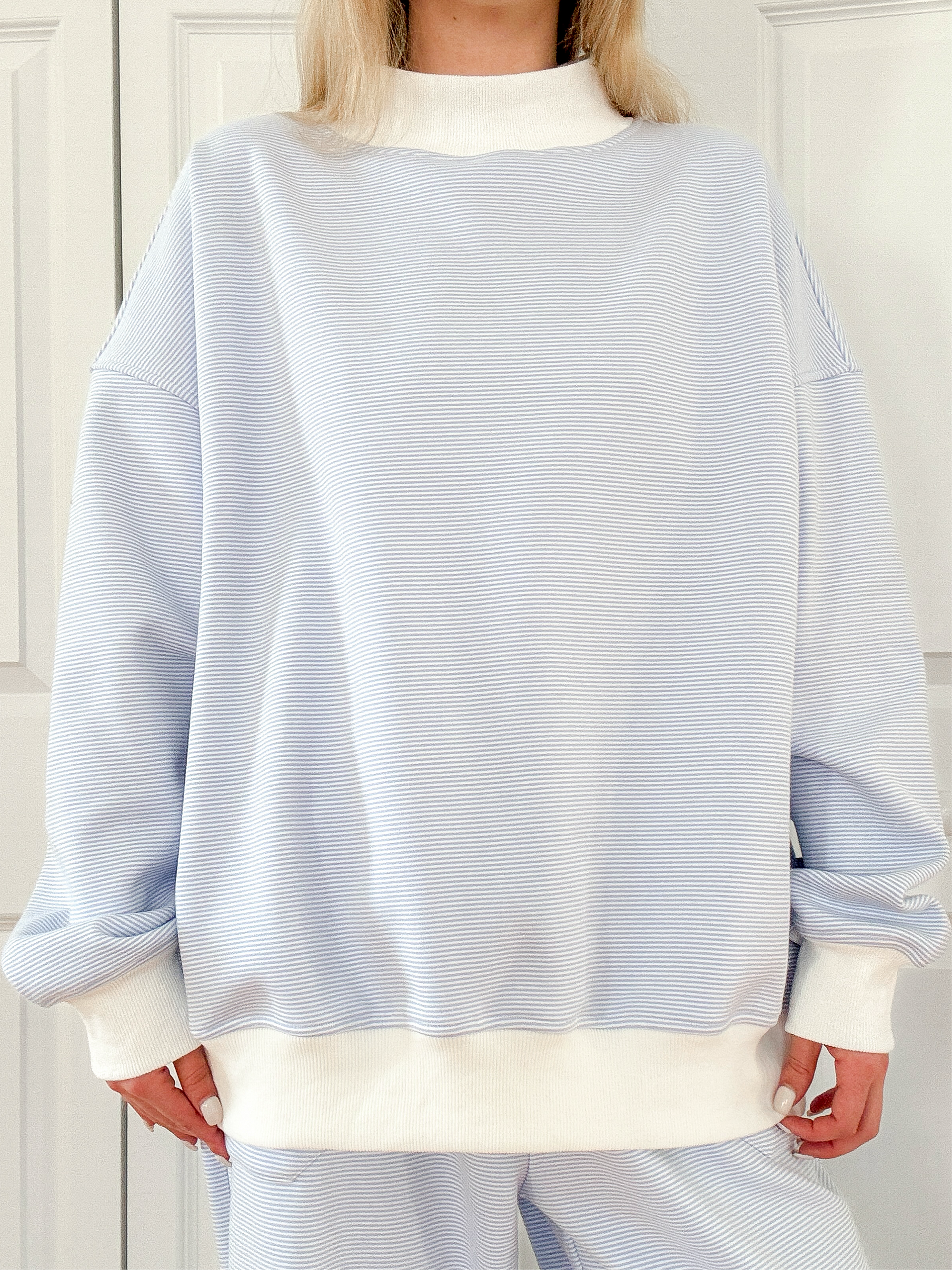 Blue and White Mini Striped Mockneck Sweatshirt