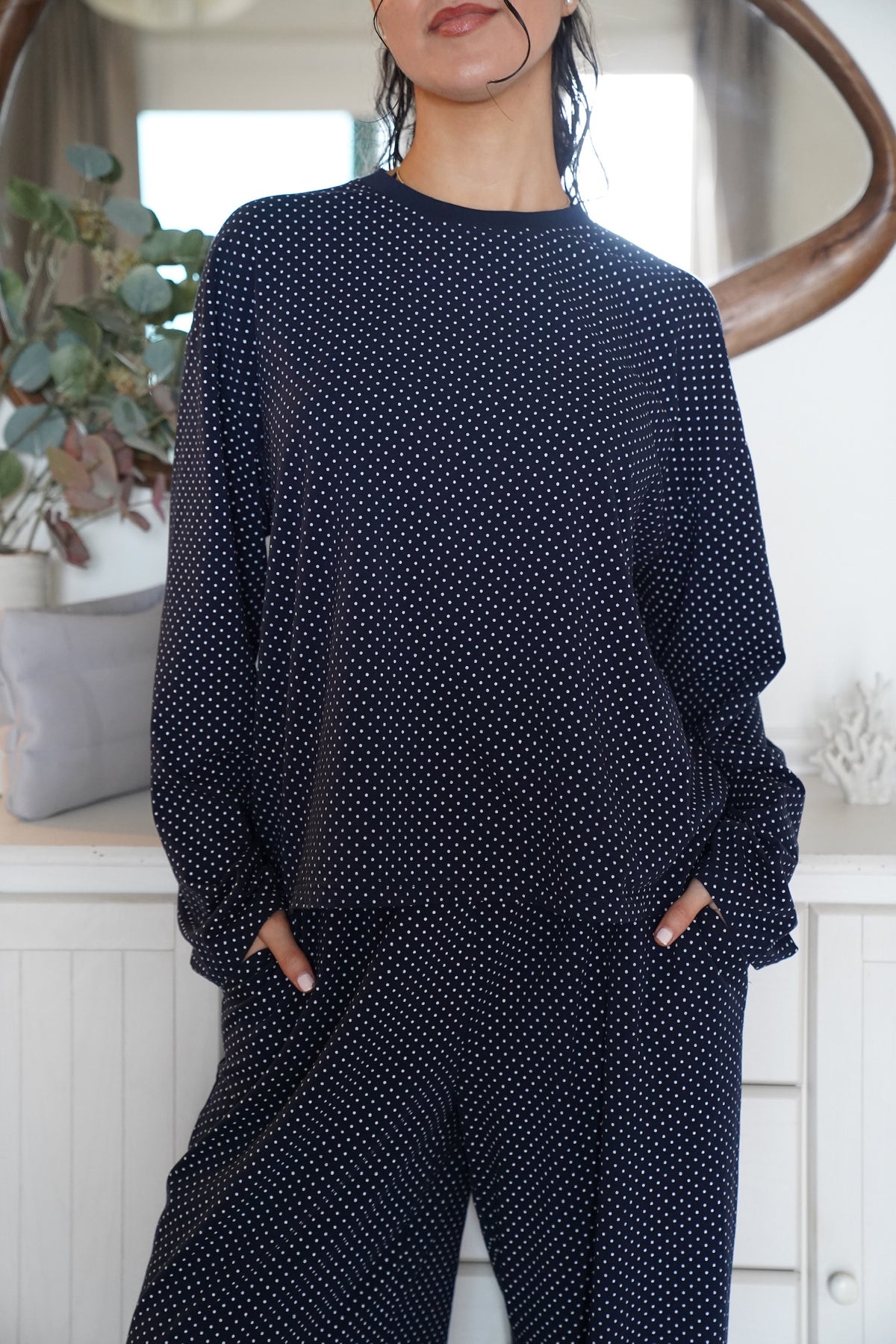 Navy Blue Polka Dot Loungewear Long Sleeve Top
