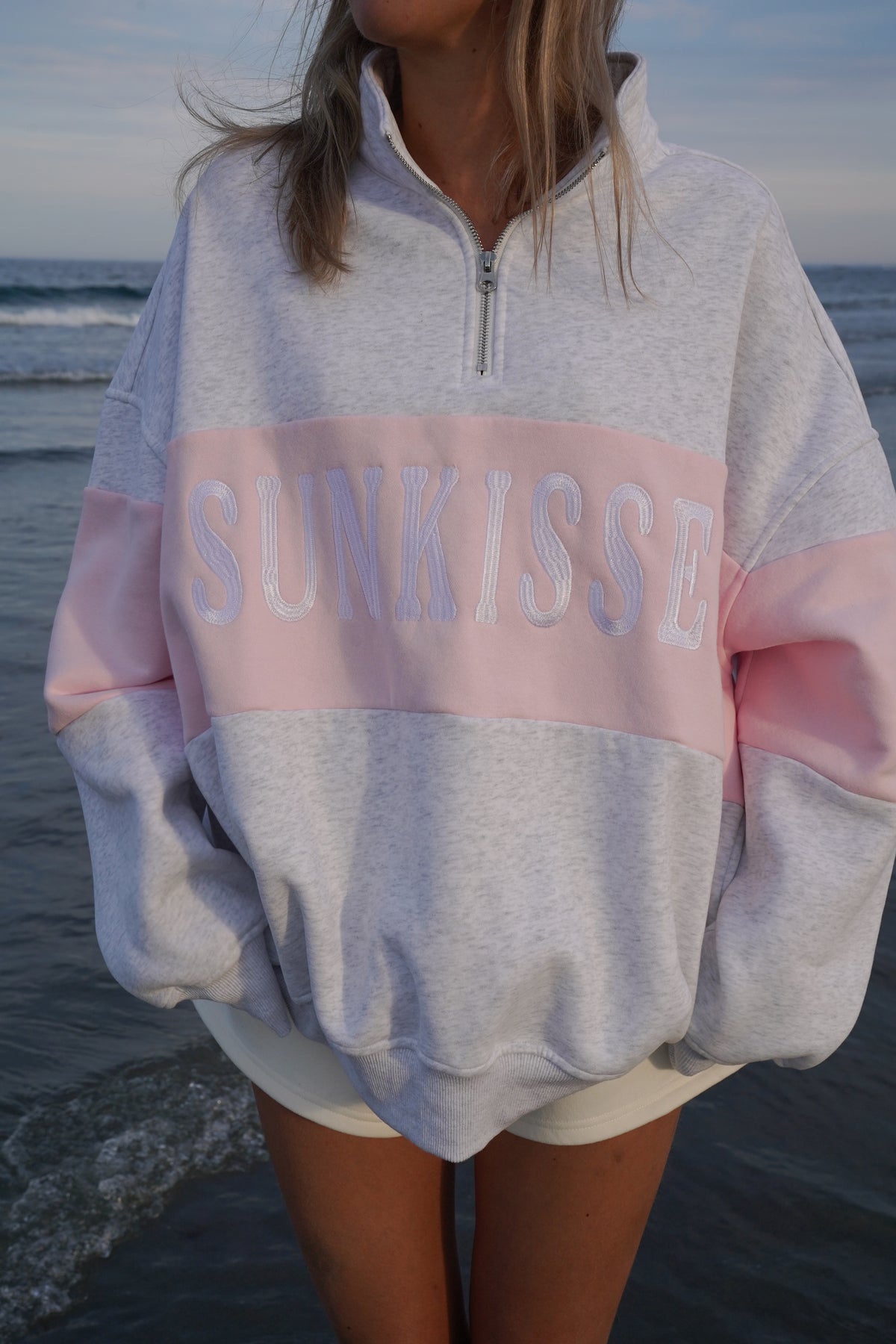 Pearl Grey And Pink Sunkissed Embroider Quarter-Zip