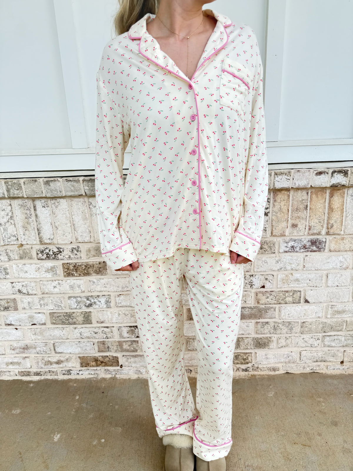 Cherries All Over Long Sleeve Button Up Pajama Top