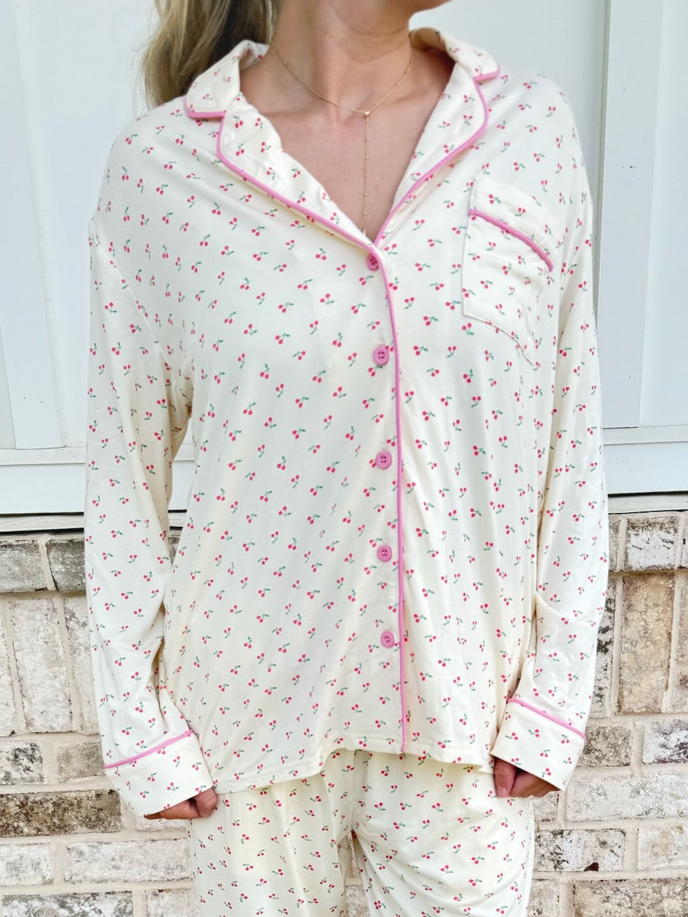 Cherries All Over Long Sleeve Button Up Pajama Top