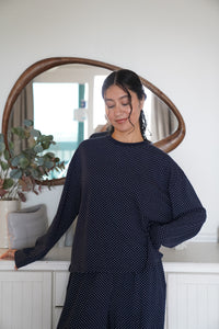 Navy Blue Polka Dot Loungewear Long Sleeve Top