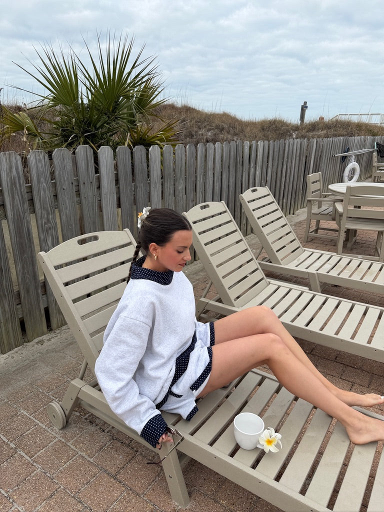 Pearl Grey Navy Blue Polka Dot Mockneck Sweatshirt