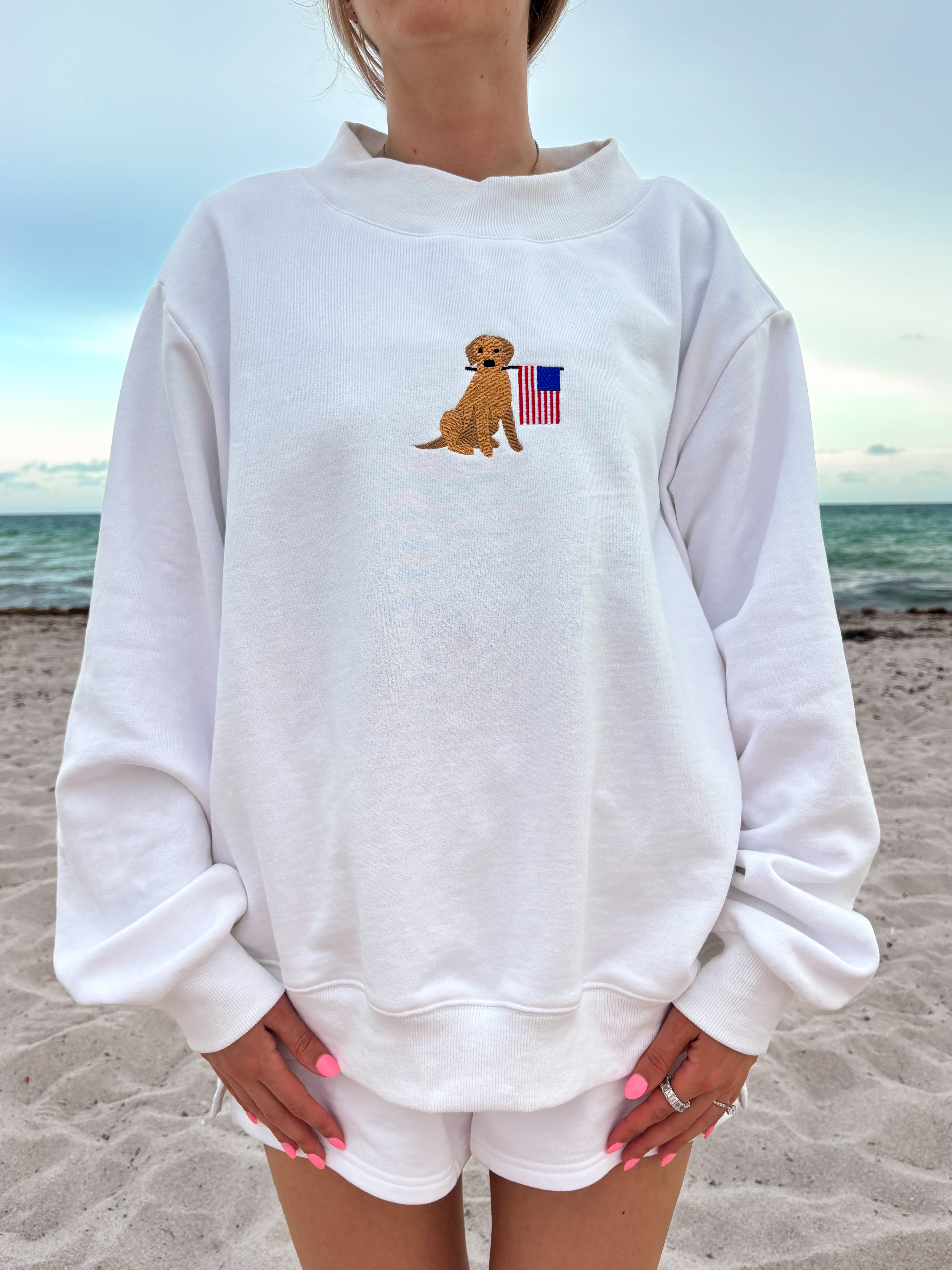 White American Flag Dog Mockneck Sweatshirt 100% Cotton