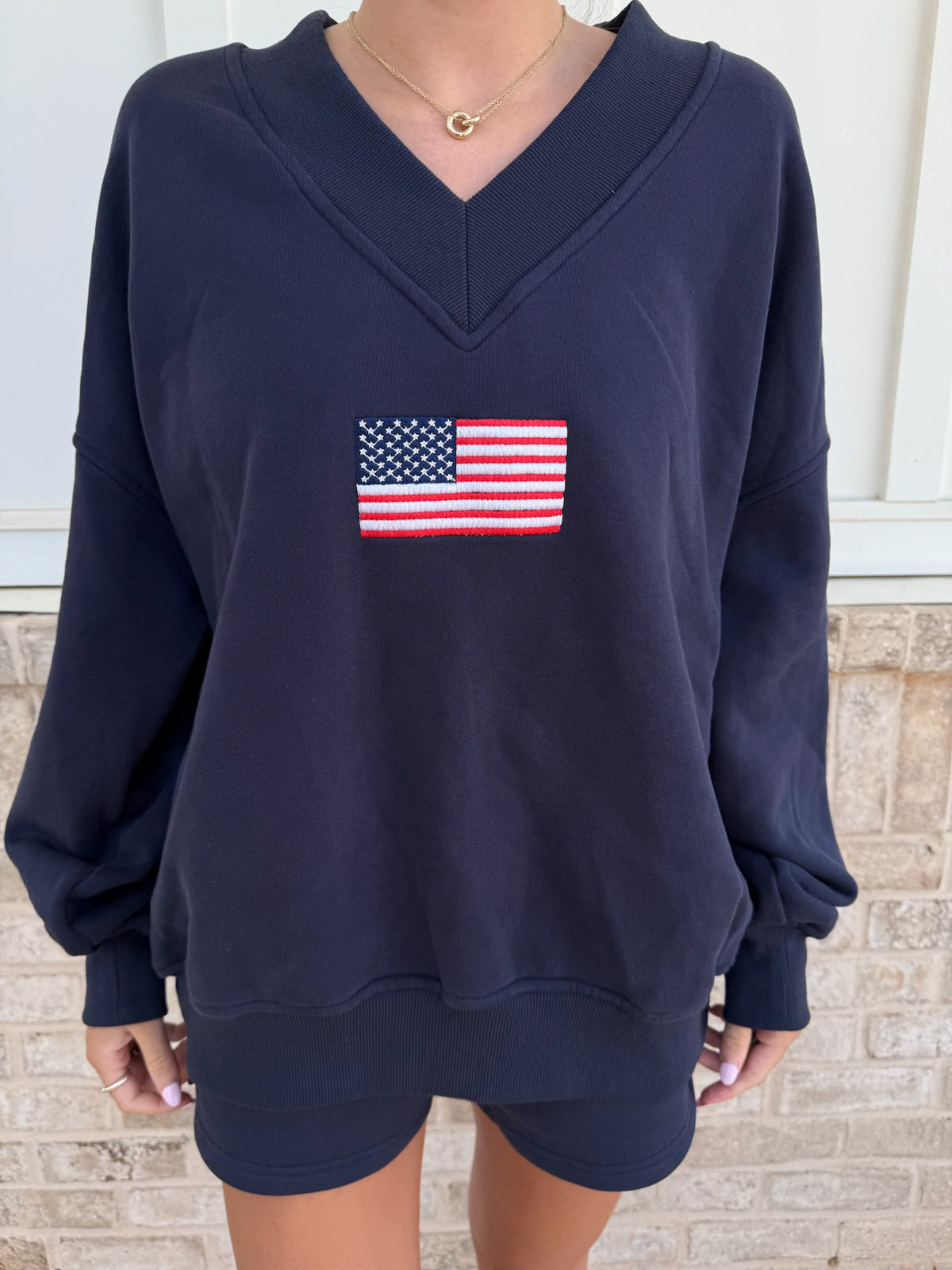 American Flag Embroider V-Neck Sweatshirt