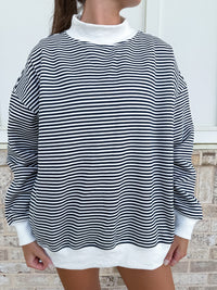 Dark Navy Blue and White Big Striped Mockneck Sweatshirt