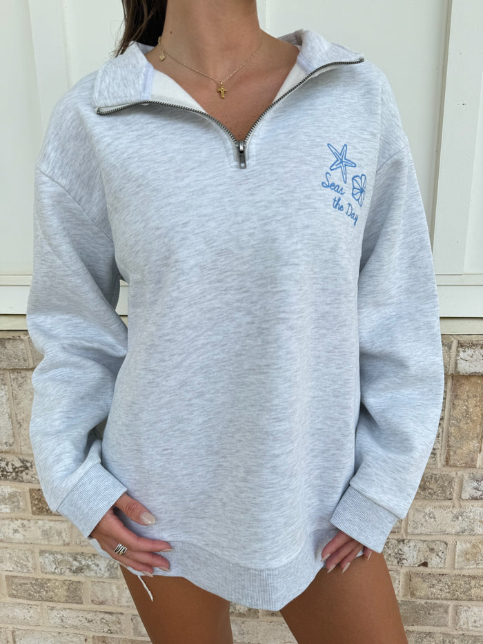 Coastal Blue Embroidered Quarter Zip Sweatshirt