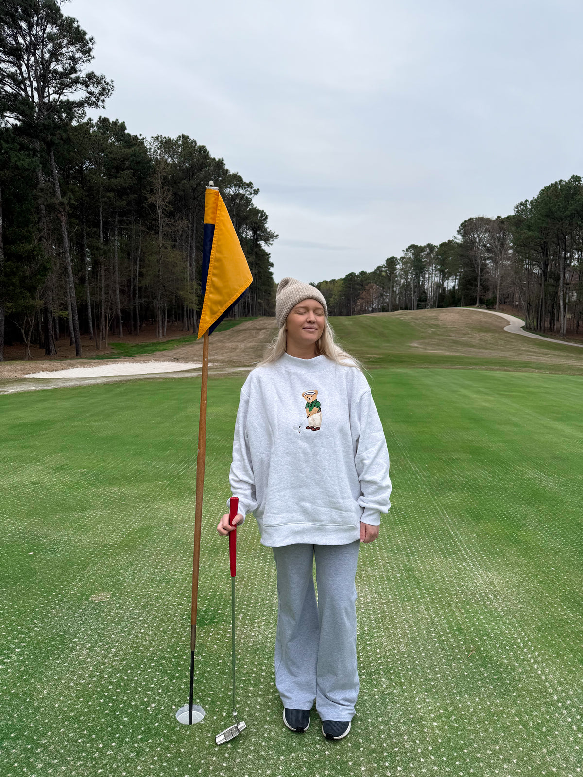 Pearl Grey Classic Teddy Bear Golf Embroider Mockneck Sweatshirt
