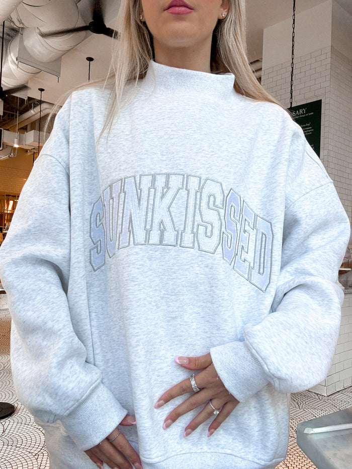 Pearl Grey Mockneck Sunkissed Varsity Embroider Sweatshirt
