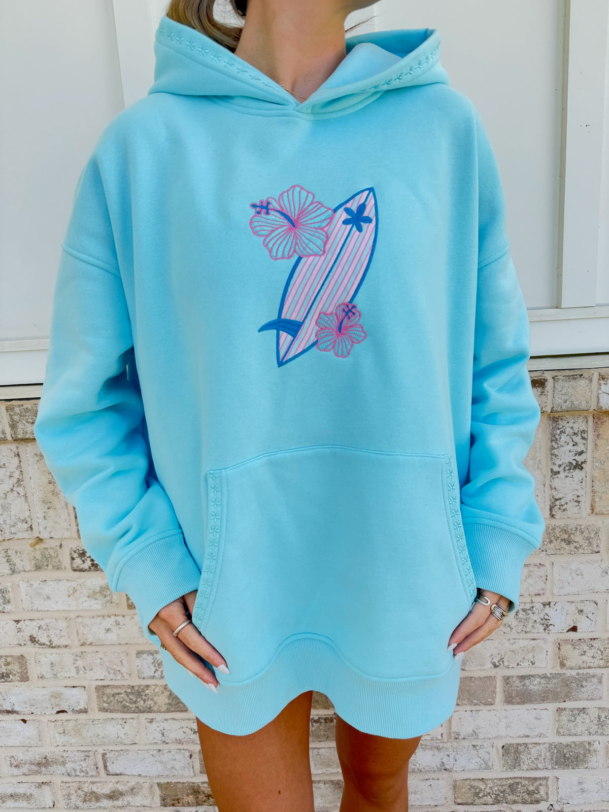 Lagoon Aqua Surfboard Hibiscus Embroidered Hoodie