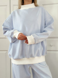 Blue and White Mini Striped Mockneck Sweatshirt
