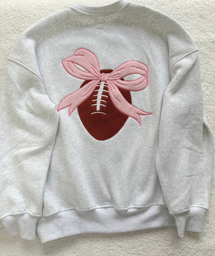 Pearl Grey Pink Bow Football Game Day Embroider Sweatshirt