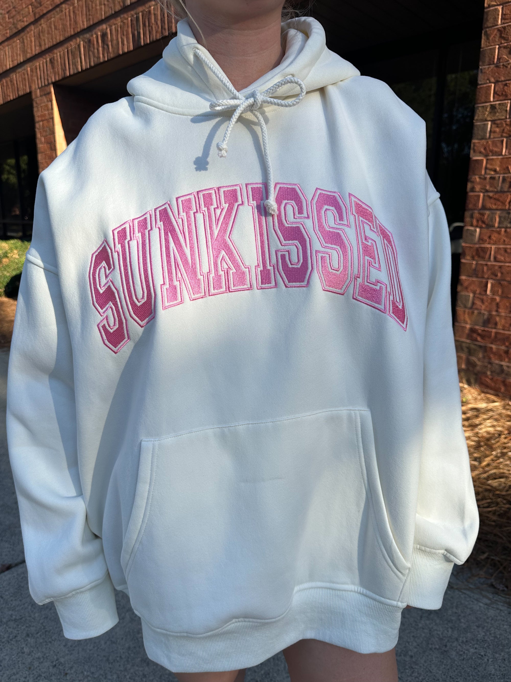 Ivory and Hibiscus Pink Varsity Embroider Hoodie