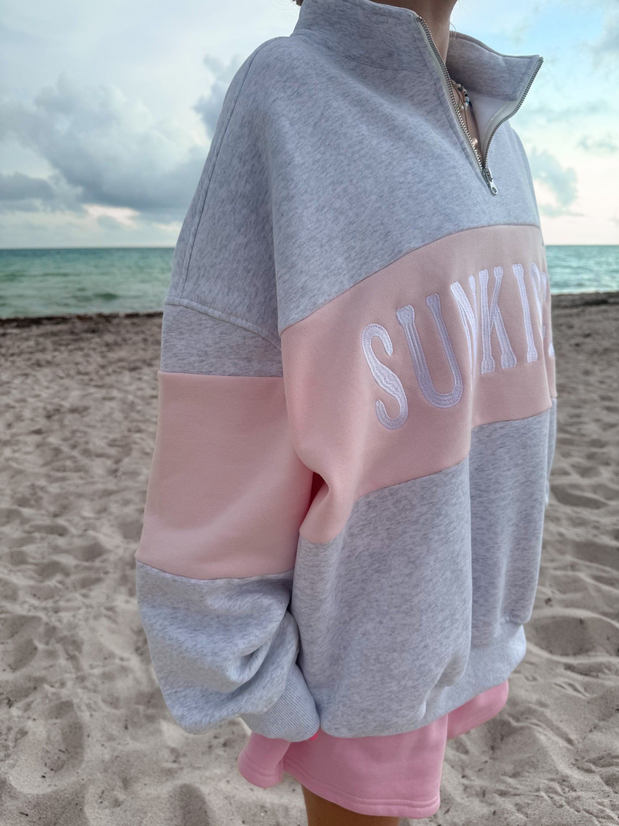 Pearl Grey And Pink Sunkissed Embroider Quarter-Zip