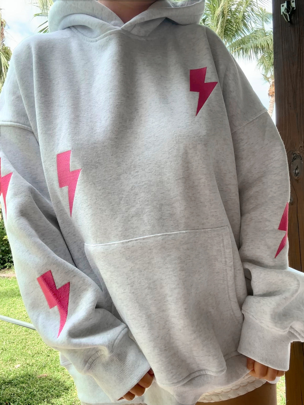 Pearl Grey Embroider Lightning Bolt Hoodie