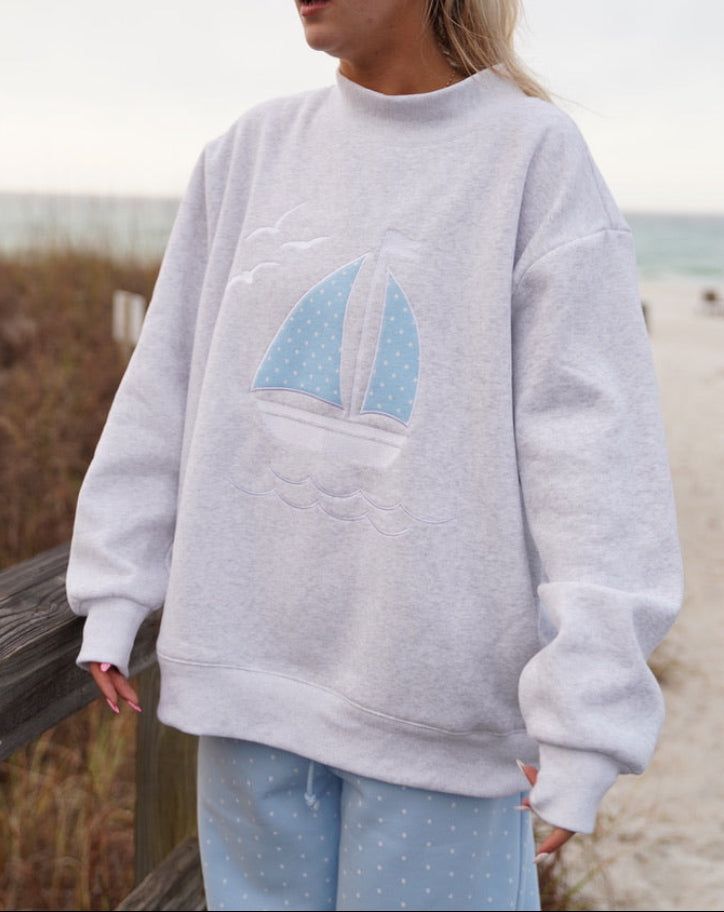 Polka Dot Sailboat Embroider Mockneck Sweatshirt