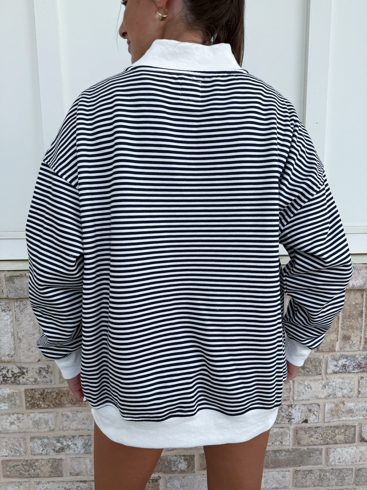 Dark Navy Blue and White Big Striped Mockneck Sweatshirt