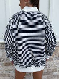Dark Navy Blue and White Big Striped Mockneck Sweatshirt