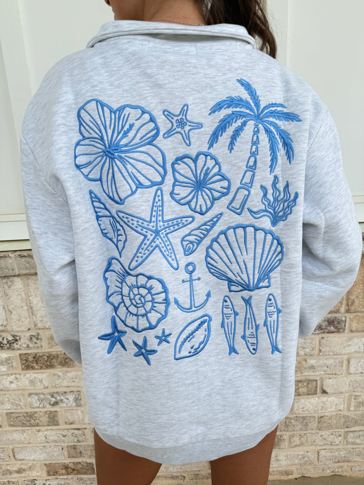 Coastal Blue Embroidered Quarter Zip Sweatshirt