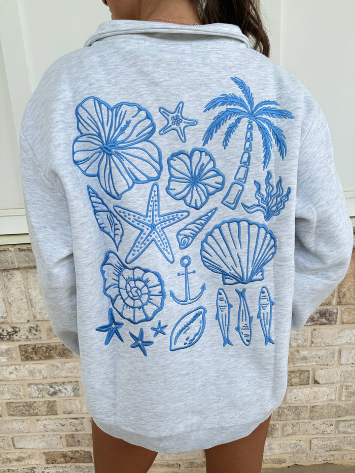 Coastal Blue Embroidered Quarter Zip Sweatshirt