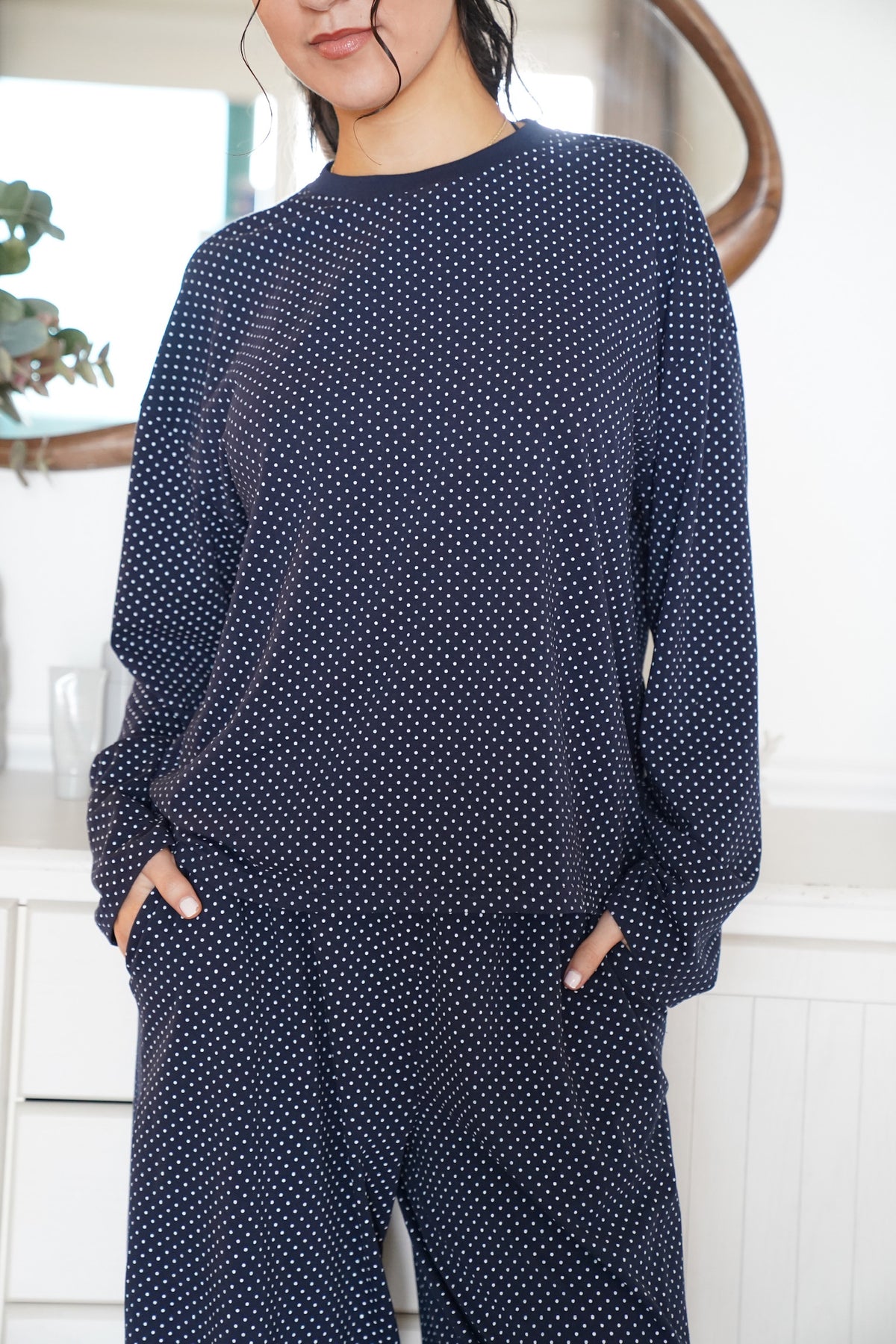 Navy Blue Polka Dot Loungewear Long Sleeve Top