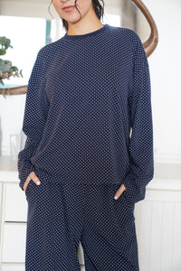 Navy Blue Polka Dot Loungewear Long Sleeve Top