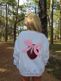 Pearl Grey Pink Bow Football Game Day Embroider Sweatshirt